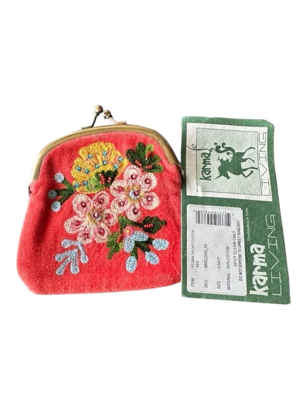 Karma Living Floral Embroidered Velvet Coin Purse Kisslock Clutch Pouch NWT